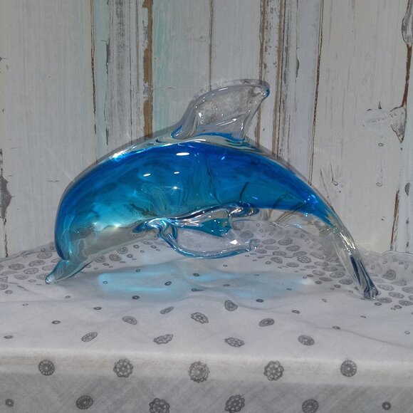 Blue Clear Glass Decorative Dolphin Paperweight - Picture 1 of 7
